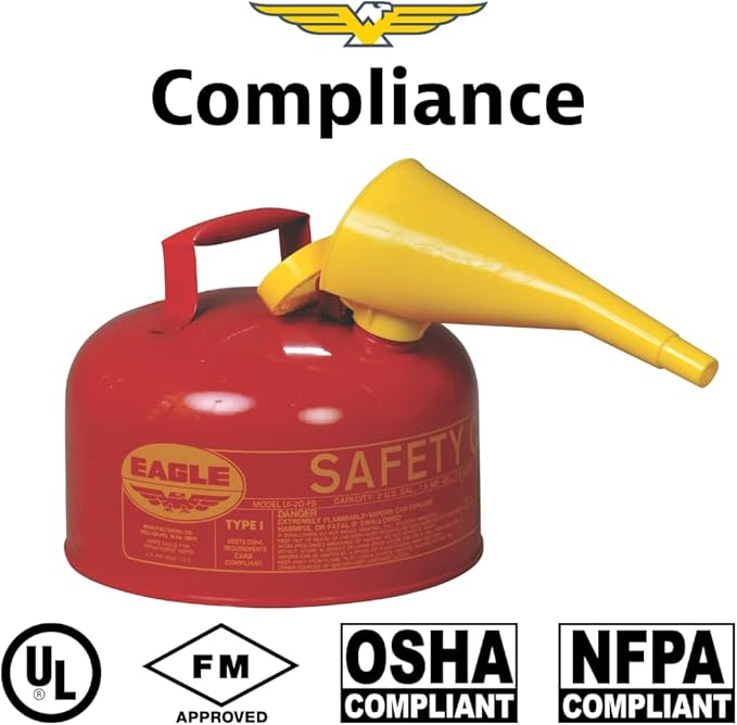 Eagle 2 Gallon Type I Red Safety Gas Can for Gasoline with Flame Arrester, Self-Closing Lid, and F-15 Funnel, Made in the USA, Galvanized Steel Flammable Storage Can, UI20FS