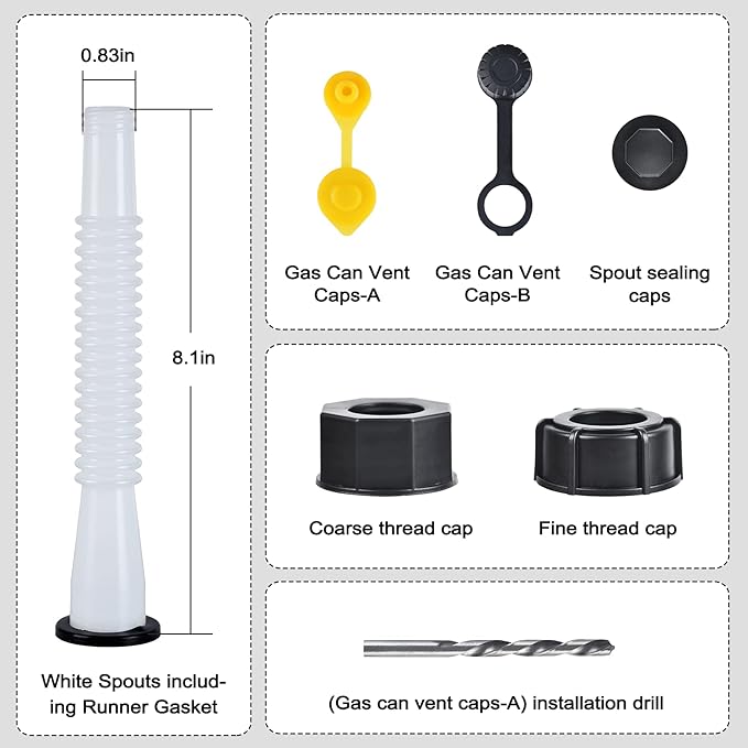 Gas Can Spout Replacement Kit, Gas Can Nozzle Replacement (2 Kit-White) All gaskets are installed and ready to use upon receipt. For 1/2/5/10 gallon gas can. Easy and convenient to use