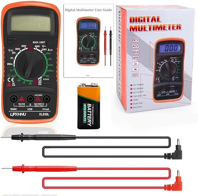 Digital Multimeter Voltmeter Battery Voltage Multi Tester Continuity Ohm Volt Amp DC AC Current Resistance Diodes 2000 Counts Electrical Test Meter with Leads Backlight LCD Display