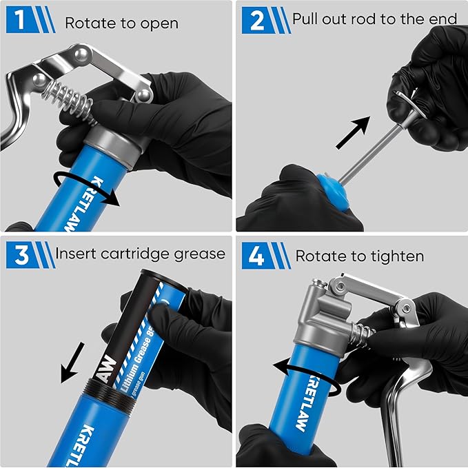 KRETLAW Mini Grease Gun (3000PSI) with 3oz Cartridge Grease and 12'' Flex Hose, Grease Gun Coupler, Grease Injector Needles, Marine