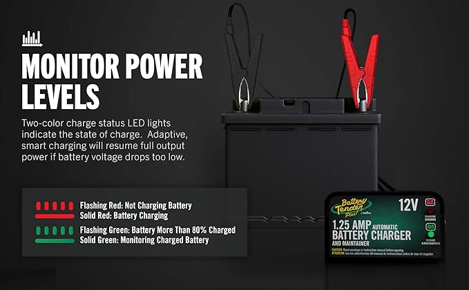 Battery Tender Plus 12V 1.25 AMP Car & Motorcycle Battery Charger and Maintainer, Float Charge for Automotive, and ATVs - Smarter Than a Trickle Charger