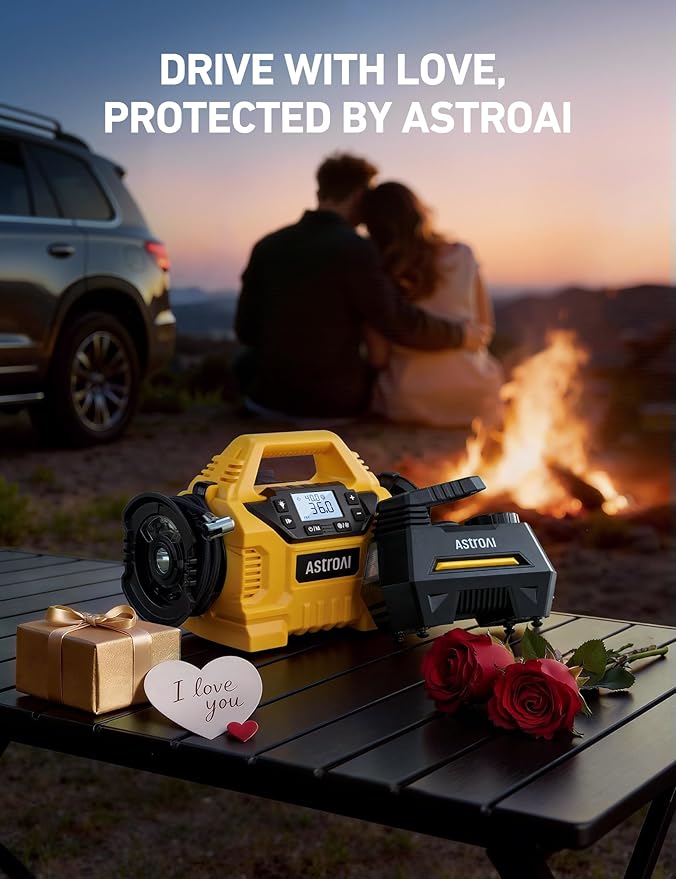 AstroAI AIRUN H1 Tire Inflator Portable Air Compressor Air Pump for Car Tires-Car Accessories, 9.8Ft Cord-12V DC-Powered Auto Pump with Digital Pressure Gauge, LED Light for Bicycle, Balloons, Yellow