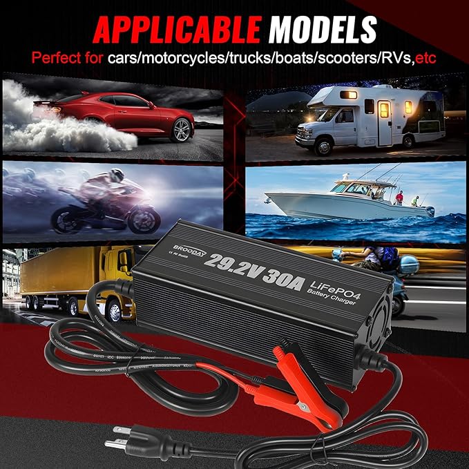 24V 30A LiFePO4 Battery Charger, 29.2V Lithium Battery Charger, Fast Charging, Over-Current and Over-Voltage Protection for 24V Lithium Iron Phosphate Batteries