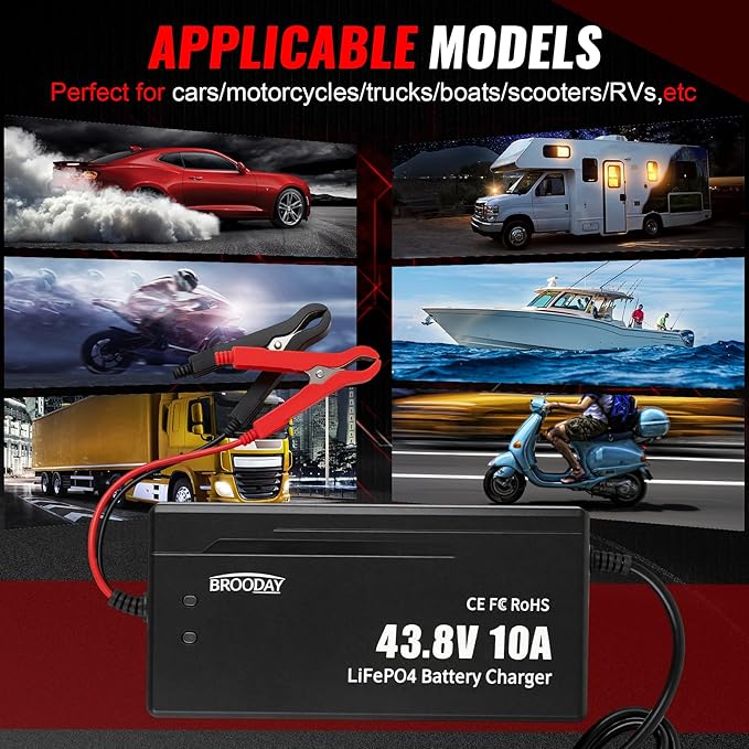 36V 10A LiFePO4 Battery Charger, 43.8V Lithium Battery Charger, Fast Charging, Over-Current and Over-Voltage Protection for 36V Lithium Iron Phosphate Batteries
