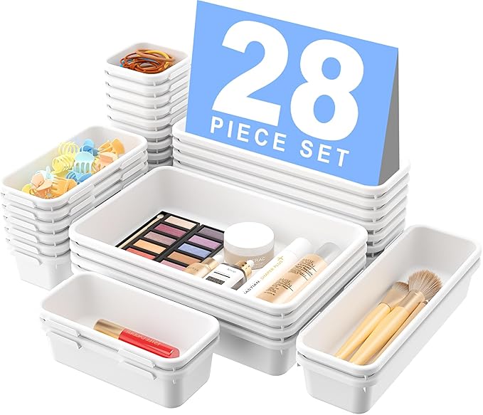 【Military Grade】A-LuGei Drawer Organizer,【𝟱𝗦𝗶𝘇𝗲】Makeup organizer,【Holds 177 Items】Bathroom Organizers and Storage,Organization and Storage,Desk Drawer Organizer for Vanity【White】