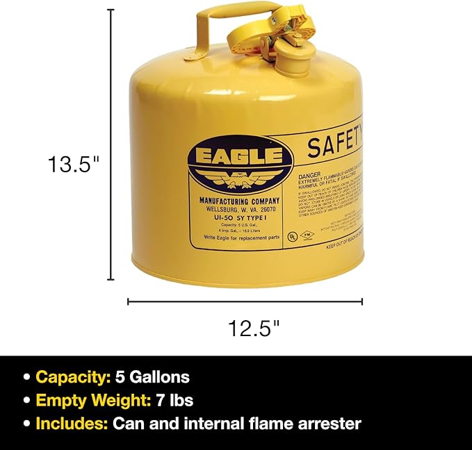 Eagle 5 Gallon Type I Yellow Safety Gas Can for Diesel with Flame Arrester and Self-Closing Lid, Made in the USA, Galvanized Steel Flammable Storage Can, UI50SY