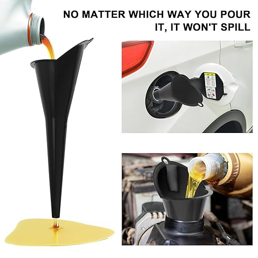 Long-Neck Oil Funnel for Automotive – Multi-Function Plastic Funnel for Oil, Gas & Lubricants – Universal Car Accessory (Black (2-Pack))