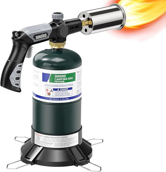 Sondiko Powerful Grill & Cooking Propane Torch L8010 with Gas Cylinder Stand Base, Sous Vide, Campfire Starter, Adjustable Wood Torch Burner for Searing Steak, BBQ, Welding (Propane Tank Not Included)