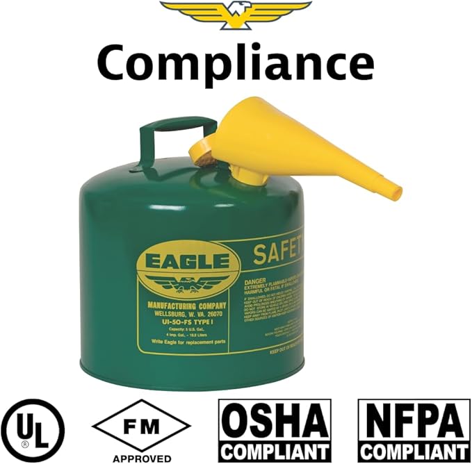 Eagle 5 Gallon Type I Green Safety Gas Can for Oil and Other Combustibles with Flame Arrester, Self-Closing Lid, and F-15 Funnel, Made in the USA, Galvanized Steel Flammable Storage Can, UI50FSG
