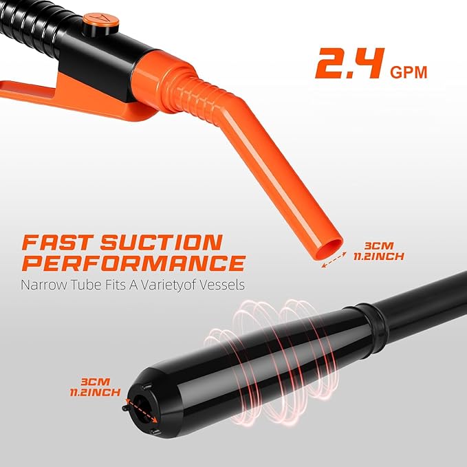 Electric Fuel Transfer Pump, 2.4 GPM Portable Fluid Transfer Siphon Pump with Oil Pipeline, Battery Gas Pumps with 47 Inches Hose &Gloves for Car/RV(Orange)