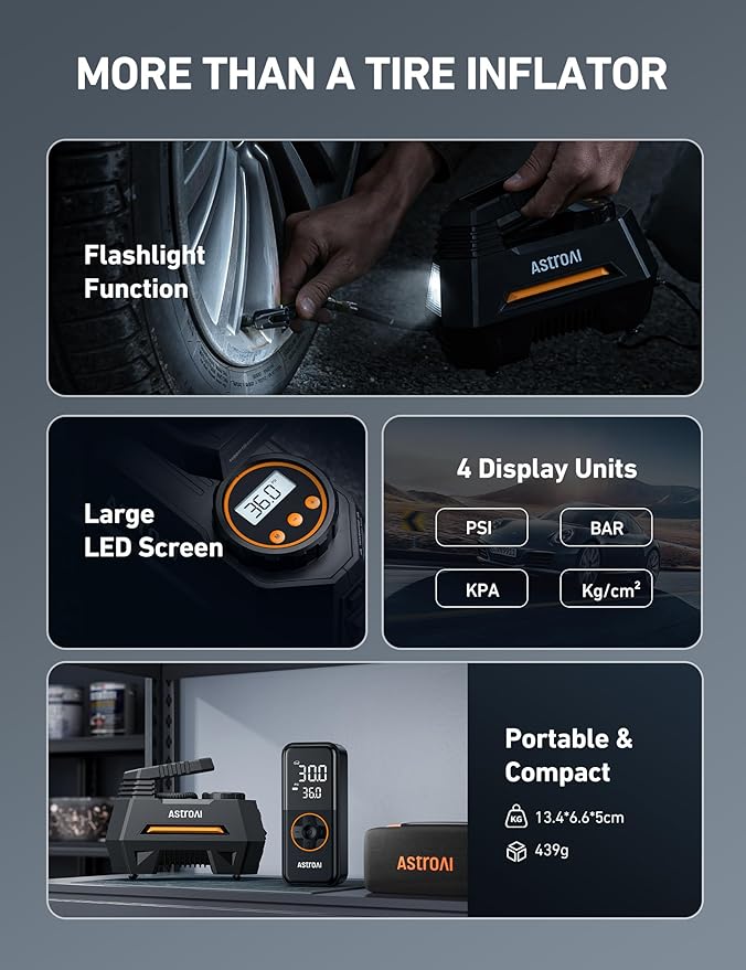 AstroAI AIRUN H Tire Inflator Portable Air Compressor Air Pump for Car Tires-Car Accessories, 9.8Ft Cord-12V DC-Powered Auto Pump with Digital Pressure Gauge, LED Light for Bicycle, Balloons, Orange