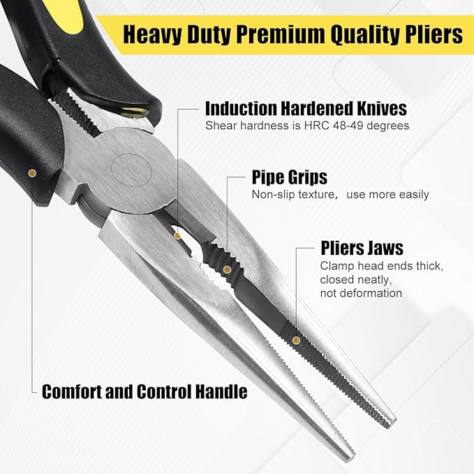 Premium Long Needle Nose Pliers-8’’, Paper Clamp Precision, High Carbon Steel, Soft Grip with Wire Cutter, Long Nose Cutting Pliers for Home, Fishing, Jewelry, Crafts,2pcs