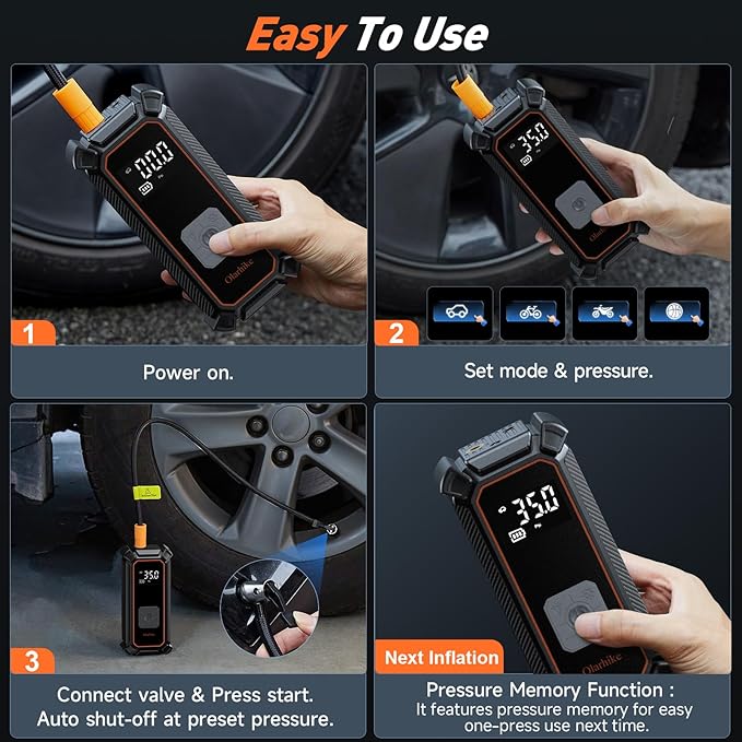 OlarHike Cordless Tire Inflator Portable Air Compressor, Dual Power - 5400 mAh & 12V DC, Air Pump for Car Tires, Bike, Motorcycle, Bicycle, Electric Pump with LED Light & Digital Pressure Gauge