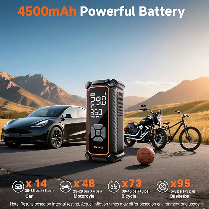 OlarHike Cordless Tire Inflator Portable Air Compressor,150 PSI Bike Pump with LED Light & Digital Pressure Gauge, Dual Power Air Pump for Car Tires, Motorcycle, Bicycle, Ball