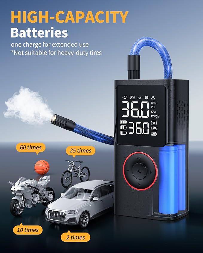 Powools Tire Inflator Portable Air Compressor, 150 PSI Cordless Bike Pump, Air Pump for Auto, Motorcycle, Bicycle, Balls with Pressure Gauge, LED Light & Car Accessories, Black, Standard Capacity