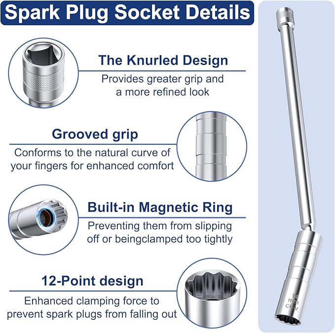 14mm Spark Plug Socket, Thin Wall 3/8" Drive Spark Plug Socket Removal Tool, 12 Point x 11.4" Total Length, 360 Degree Magnetic Swivel Spark Plugs Socket for Most Car Models