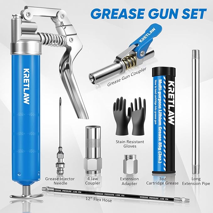 KRETLAW Mini Grease Gun (3000PSI) with 3oz Cartridge Grease and 12'' Flex Hose, Grease Gun Coupler, Grease Injector Needles, Marine