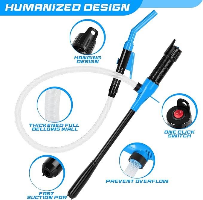Portable Transfer Pump Battery Operated Electric Siphon Pump for Gas, Fuel, Diesel, Water Transfer 2.4 GPM Flow Oil Extractor, 47 Inches Hose-Easy to Use Hand Fuel Pump, Multi-Use Transfer Pump(Blue)