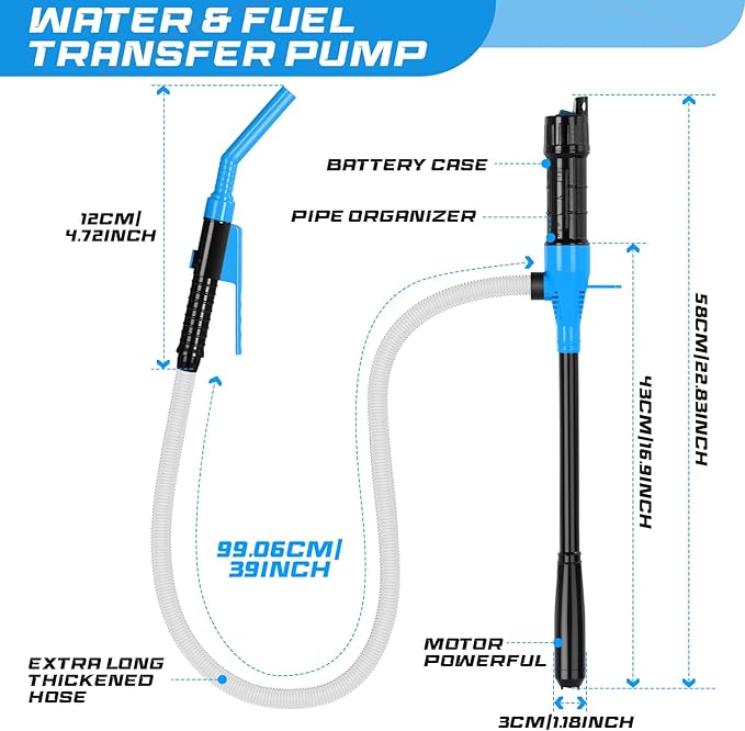 Portable Transfer Pump Battery Operated Electric Siphon Pump for Gas, Fuel, Diesel, Water Transfer 2.4 GPM Flow Oil Extractor, 47 Inches Hose-Easy to Use Hand Fuel Pump, Multi-Use Transfer Pump(Blue)