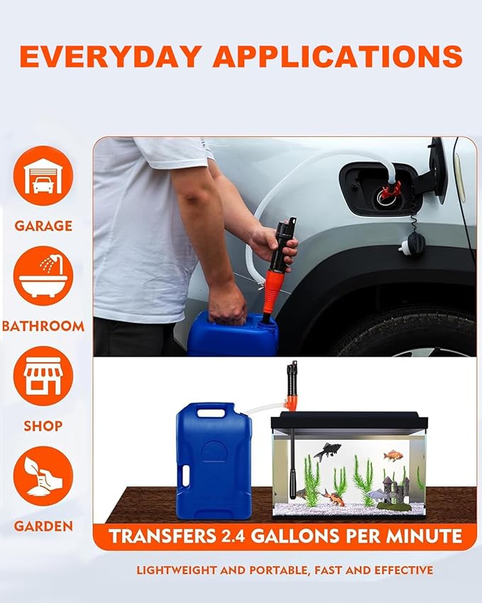 Portable Transfer Pump Battery Operated Electric Siphon Pump for Gas, Fuel, Diesel, Water Transfer 2.4 GPM Flow Oil Extractor -Easy to Use Hand Fuel Pump, Multi-Use Siphon Fuel Transfer Pump