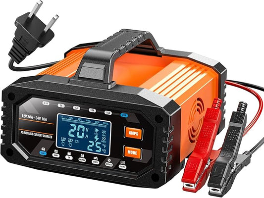 Auto Battery Charger 20A 12V/24V Adjustable Current 0.5A-20A LiFePO4 Lead Acid Fully Automatic Battery Maintainer, Trickle Charger with Pulse Repair, Winter Mode, for AGM Gel Deep Cycle Batteries