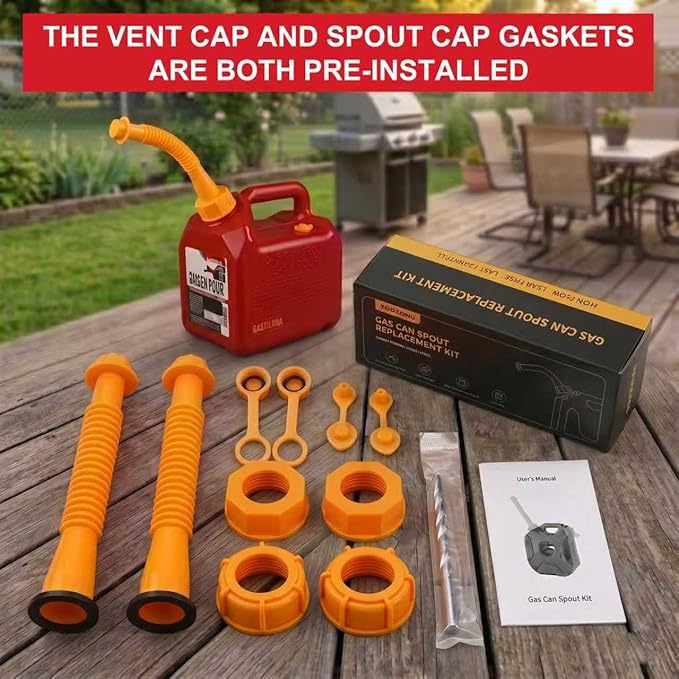 Gas Can Spout Replacement Kit, Gas Can Nozzle Replacement (3 Kit-Yellow) All gaskets are installed and ready to use upon receipt. For 1/2/5/10 gallon gas can. Easy and convenient to use