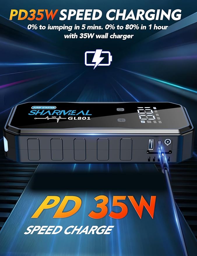 Sharmeal 21-in-1 8000A Jump Starter, 20000mAh Car Booster Pack with PD 35W Super Fast Charging, 12V Jump Starter Battery Pack for All Gas and 12.0L Diesel, Portable Jump Box with LED Light