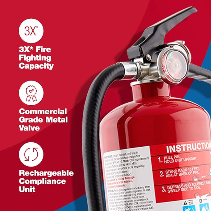 FIRST ALERT PRO5 Rechargeable Heavy Duty Fire Extinguisher, UL RATED 3-A:40-B:C, Red, 1-Pack