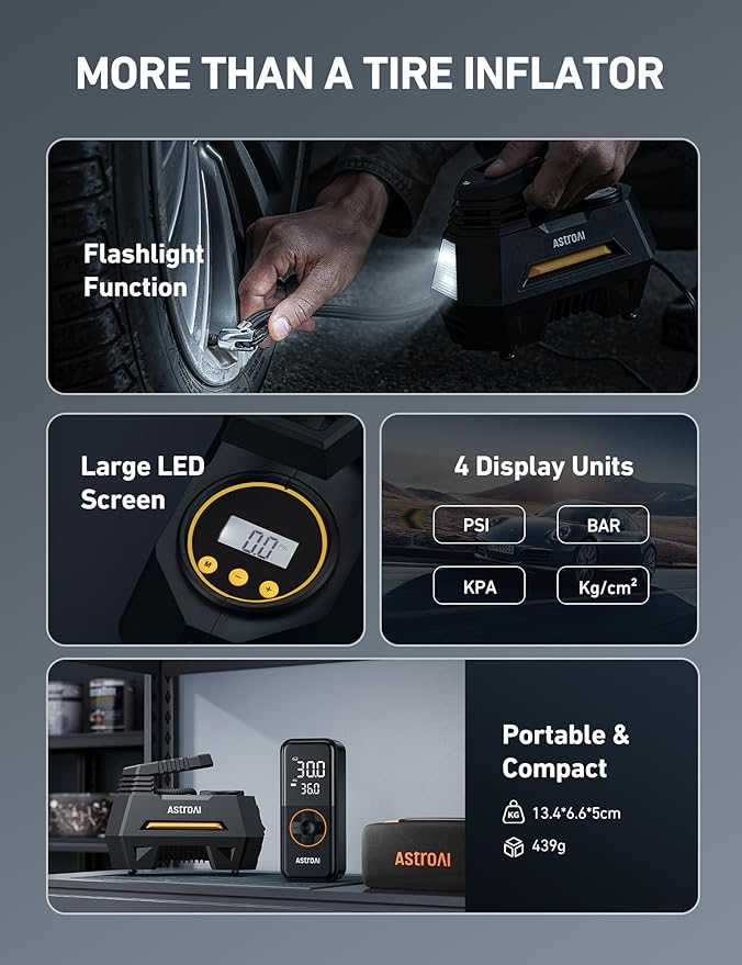AstroAI AIRUN H1 Tire Inflator Portable Air Compressor Air Pump for Car Tires-Car Accessories, 9.8Ft Cord-12V DC-Powered Auto Pump with Digital Pressure Gauge, LED Light for Bicycle, Balloons, Yellow