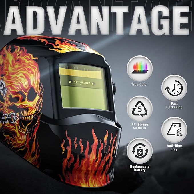 YESWELDER Auto Darkening Welding Helmet, Blue Light Blocking, 1/1/1/1 True Color Solar Powered Welding Hood with 2 Arc Sensors, Wide Shade 3.5/9-13 Welder Mask for TIG MIG ARC and Grind