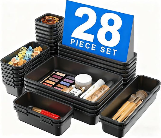 【Military Grade】A-LuGei Drawer Organizer,【𝟱𝗦𝗶𝘇𝗲】Makeup organizer,【Holds 177 Items】Bathroom Organizers and Storage,Organization and Storage,Desk Drawer Organizer for Vanity【Black】