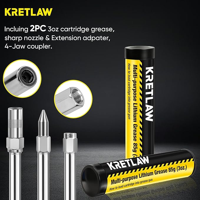KRETLAW Mini Grease Gun (3000PSI) with Double 3oz Cartridge Grease and 12'' Flex Hose, Reinforced Coupler for Automotive, Yellow
