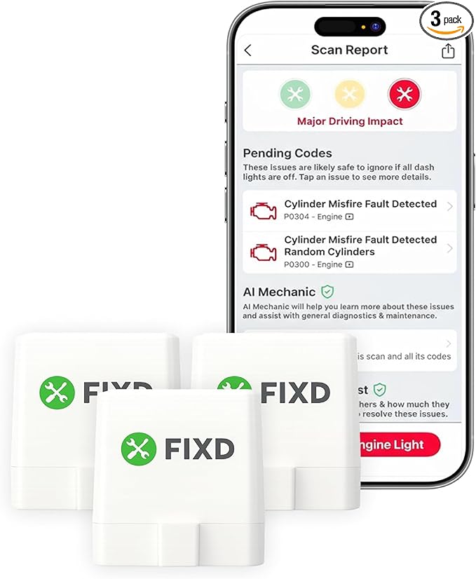 FIXD Bluetooth OBD2 Scanner for iPhone & Android - Diagnostic Scan Tool for Repairs and Car Buying - Check Engine Code Reader & Enhanced Codes - (3 Pack w/Free 14-Day FIXD Premium Bundle)