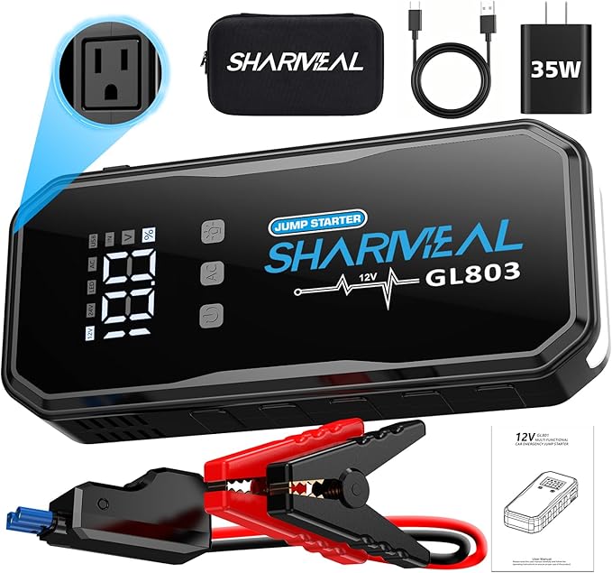 Sharmeal 22-in-1 9000A Jump Starter, 24000mAh Car Booster Pack with 80W AC Outlet & PD 35W Super Fast Charging, 12V Jump Starter Battery Pack for All Gas and 12.0L Diesel