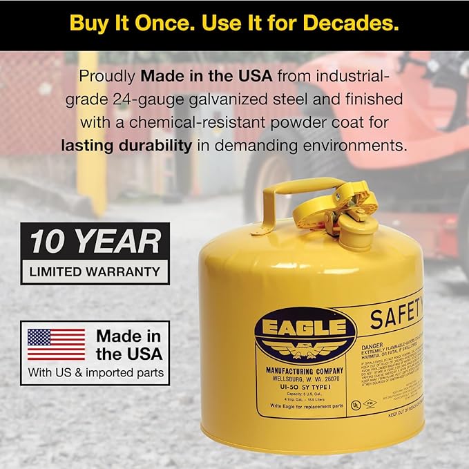 Eagle 5 Gallon Type I Yellow Safety Gas Can for Diesel with Flame Arrester and Self-Closing Lid, Made in the USA, Galvanized Steel Flammable Storage Can, UI50SY