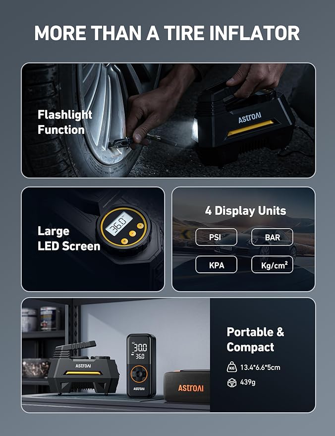 AstroAI AIRUN H Tire Inflator Portable Air Compressor Air Pump for Car Tires-Car Accessories, 9.8Ft Cord-12V DC-Powered Auto Pump with Digital Pressure Gauge, LED Light for Bicycle, Balloons, Yellow