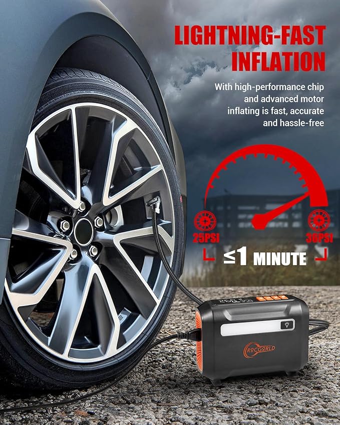 ROCGORLD R8 Tire Inflator Portable Air Compressor, DC 12V Air Compressor for Car with Large Dual Digital Screen, 3X Faster Inflation Air Pump for Car Tires, Bike, Ball, Motor - Car Accessories
