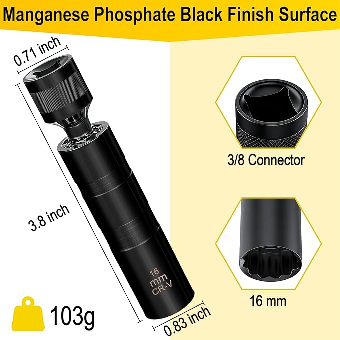 16mm Spark Plug Socket, Thin Wall 3/8" Drive Spark Plug Sockets Removal Tool, 12 Point, Magnetic Swivel 5/8" Spark Plugs Socket for Most Car Models (Black)