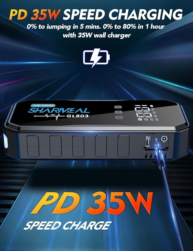 Sharmeal 22-in-1 9000A Jump Starter, 24000mAh Car Booster Pack with 80W AC Outlet & PD 35W Super Fast Charging, 12V Jump Starter Battery Pack for All Gas and 12.0L Diesel
