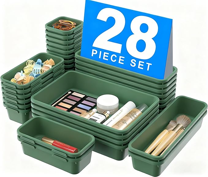 【Military Grade】A-LuGei Drawer Organizer,【𝟱𝗦𝗶𝘇𝗲】Makeup organizer,【Holds 177 Items】Bathroom Organizers and Storage,Organization and Storage,Desk Drawer Organizer for Vanity【Green】