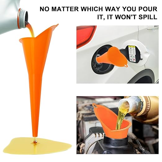 Long-Neck Oil Funnel for Automotive – Multi-Function Plastic Funnel for Oil, Gas & Lubricants – Universal Car Accessory (Orange (1-Pack))