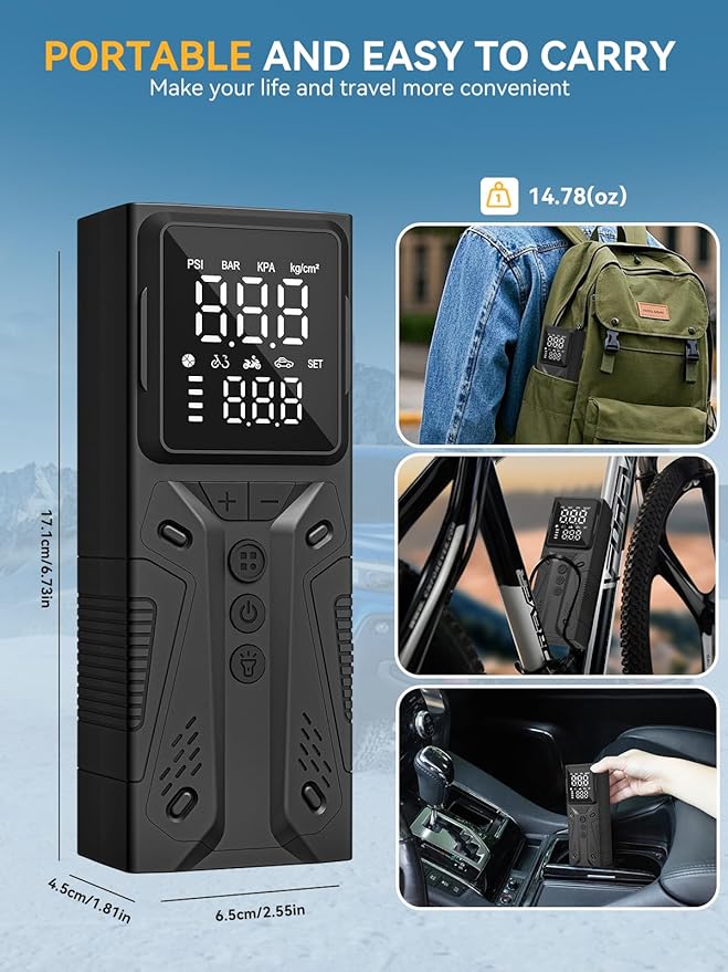 Tire Inflator Portable Air Compressor, High-Speed 150PSI Cordless Air Pump for Car Tires with Powerful Battery, Auto Shut-Off - Portable Tire Pump for Car, Bike, Motorcycle and Balls
