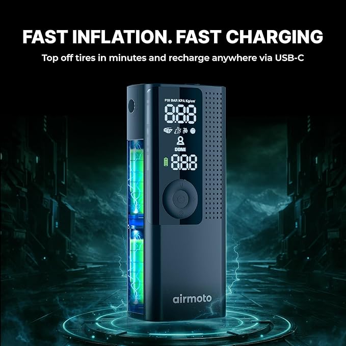 Airmoto Tire Inflator Portable Air Compressor - Air Pump for Car Tires with Digital Pressure Gauge, LED Light and Auto Shut-Off Function - Cordless Pump for Car, Motorcycle, Bicycle, Ball (Pack of 4)
