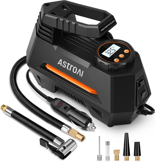 AstroAI AIRUN H Tire Inflator Portable Air Compressor Air Pump for Car Tires-Car Accessories, 9.8Ft Cord-12V DC-Powered Auto Pump with Digital Pressure Gauge, LED Light for Bicycle, Balloons, Orange