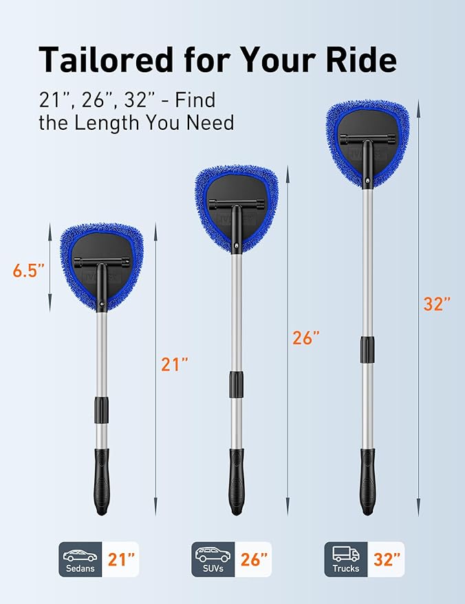 AstroAI 32" Windshield Cleaner Tool, Car Interior Window Detailing Cleaning Kit with Extendable Handle and 4 Easy-to-Install Reusable Microfiber Pads, Auto Glass Wiper Brush Kit for Car&Home, Blue