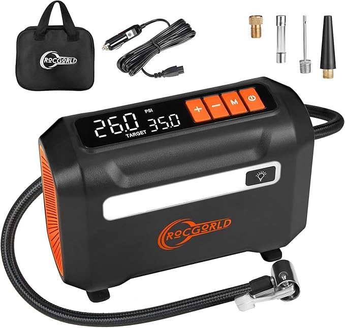 ROCGORLD R8 Tire Inflator Portable Air Compressor, DC 12V Air Compressor for Car with Large Dual Digital Screen, 3X Faster Inflation Air Pump for Car Tires, Bike, Ball, Motor - Car Accessories