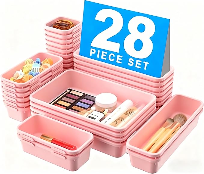 【Military Grade】A-LuGei Drawer Organizer,【𝟱𝗦𝗶𝘇𝗲】Makeup organizer,【Holds 177 Items】Bathroom Organizers and Storage,Organization and Storage,Desk Drawer Organizer for Vanity【Pink】
