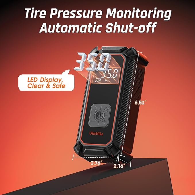 OlarHike Cordless Tire Inflator Portable Air Compressor, Dual Power - 5400 mAh & 12V DC, Air Pump for Car Tires, Bike, Motorcycle, Bicycle, Electric Pump with LED Light & Digital Pressure Gauge