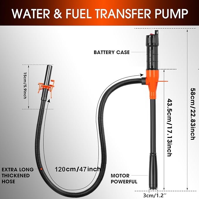 Portable Transfer Pump Battery Operated Electric Siphon Pump for Gas, Fuel, Diesel, Water Transfer 2.4 GPM Flow Oil Extractor, 47" Hose-Easy to Use Hand Fuel Pump, Multi-Use Siphon Transfer Pump