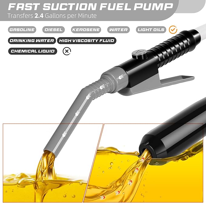 Portable Transfer Pump Battery Operated Electric Siphon Pump for Gas, Fuel, Diesel, Water Transfer 2.4 GPM Flow Oil Extractor, 47 Inches Hose-Easy to Use Hand Fuel Pump, Multi-Use Transfer Pump(Grey)